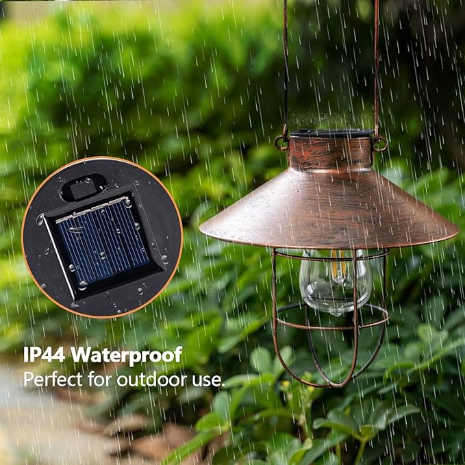 HUYIENO 2Pack Solar Metal Hanging Lantern with Shepherd Hook Outdoor Led Garden Lights Brushed Copper