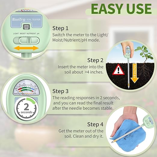 Soil Moisture Meter, 4-in-1 Moisture Meter for Plants, Tester for Moist, Light,Nutrients, pH, Soil Test Kit, Great for Garden, Lawn, Farm, Indoor & Outdoor Use, No Battery Required