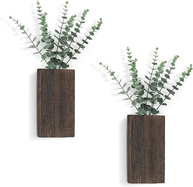 Dahey 2 Pack Wood Wall Planter Vase with Artificial Eucalyptus Farmhouse Wall Hanging Decor Pocket Planter for Indoor Fake Plants Greenery, Living Room Bedroom Kitchen Home Office Decoration