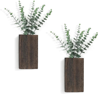 Dahey 2 Pack Wood Wall Planter Vase with Artificial Eucalyptus Farmhouse Wall Hanging Decor Pocket Planter for Indoor Fake Plants Greenery, Living Room Bedroom Kitchen Home Office Decoration