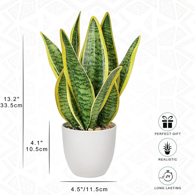 Hollyone Artificial Snake Plant Potted Faux Sansevieria Trifasciata Plants, 13" Tropical Fake Plants in White Pots for Home Office Room Indoor Decor Housewarming Gifts