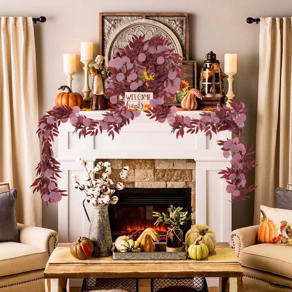 RECUTMS Artificial Silk Eucalyptus Vine Fall Garland with Willow Leaves 2P