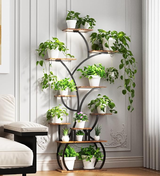 VINGLI 61" Tall Plant Stand with Grow Light, 10-Tier Indoor Plant Shelf with LED Light Strips, Tree-Shaped Metal Rack for Indoor Growing, Black