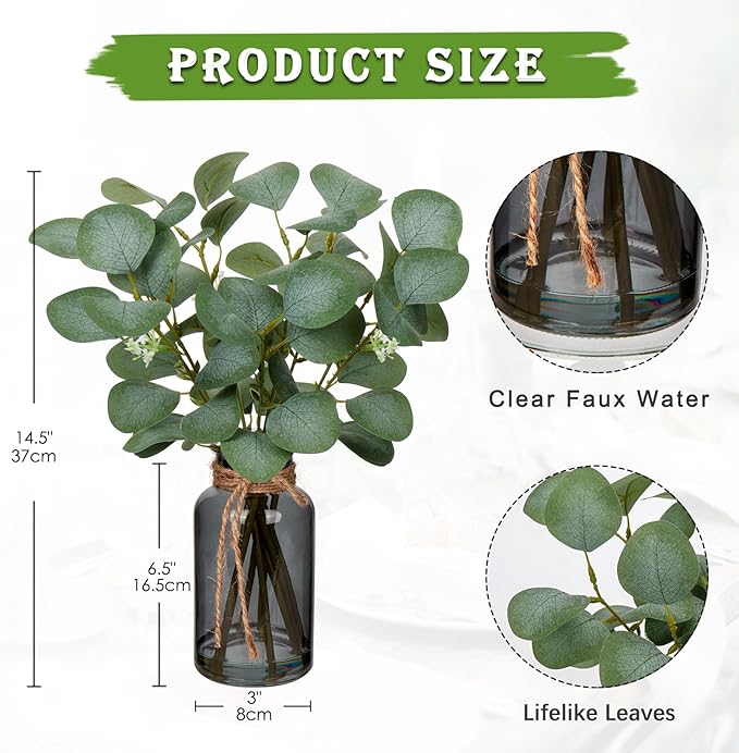 Briful Artificial Eucalyptus Stems in Black Glass Vase with Faux Water, 14" Fake Plant Eucalyptus Leaves for Home Office Farmhouse Wedding Centerpiece Décor, 2 Packs