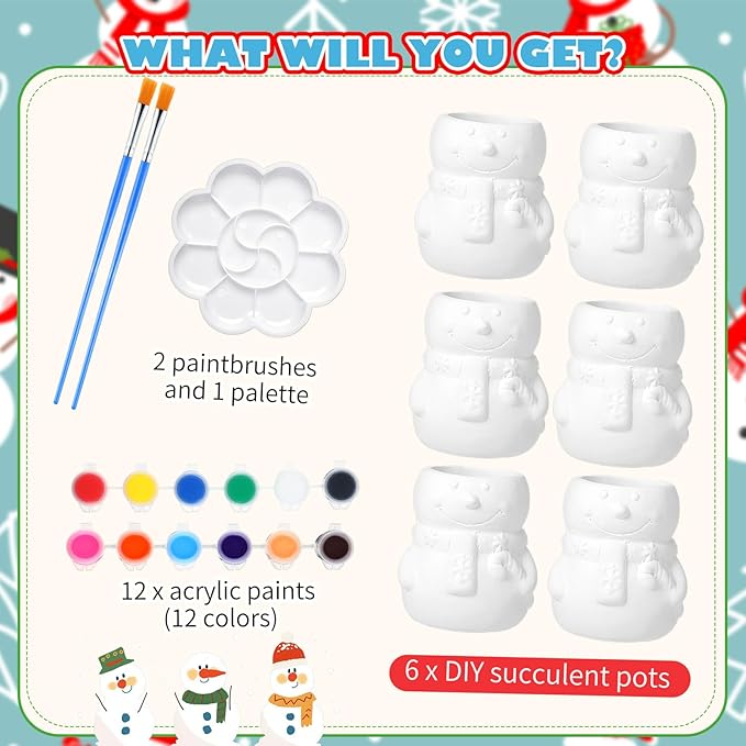 Pasimy 6 Set Ceramics to Paint DIY Ceramic Succulent Planter Pots Paint Your Own Flower Pots Craft Kit Unpainted Bisque Flowerpot with Brush Palette for Family Activity Holiday Gifts(Snowman)