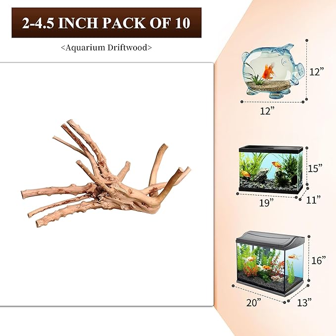 majoywoo Natural Small Driftwood for Aquarium Decor Fish Tank Decorations, Assorted Spider Wood Branch 2-4.5" 10 Pcs, Reptile Decor