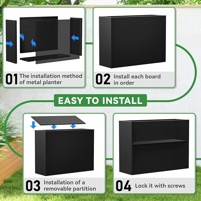 POOAMY Metal Planter, 30L x 10W x 24H, Heavy Duty Tall Planters for Outdoor Plants, Black Planters with Removable Insert Shelf, Large Planters with Drainage Holes for Porch, Patio and Yard, Black