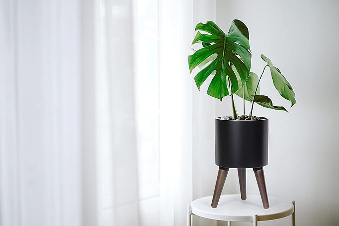 D'vine Dev 8 Inch Planter Pot with Stand, Mid-Century Tall Plant Pot with Legs for Indoor Plants, Small, Black, 88-O-A-2