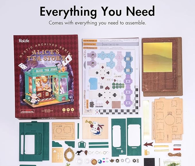 Rolife DIY Miniature House Kit Alice's Tea Store, Tiny House Kit for Adults to Build, Mini House Making Kit with Furniture, Halloween/Christmas Decorations/Gifts for Family Friends (Alice's Tea Store)