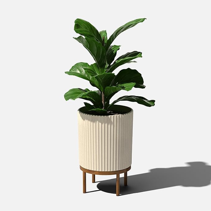 Veradek Demi Series Round Planter w/ Stand for Porch/Patio | Durable Plastic-Concrete & Wooden Stand | Modern Décor for Tall Plants, Flowers
