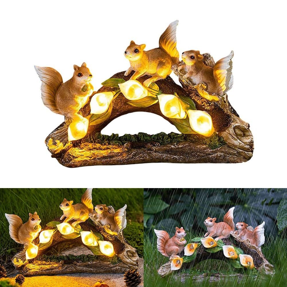 Outdoor Solar Squirrel Statue Resin Garden Decor Light Up Lawn Ornament Weatherproof Yard Art for Backyard Pathway Patio Night Glow(Three squirrels)