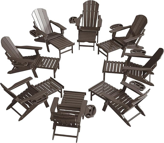 Adjustable Adirondack Chair with Retractable Ottoman Set of 8, HDPE Folding Adirondack Chair with Cup Holder, All Weather Fire Pit Chair for Outdoor.