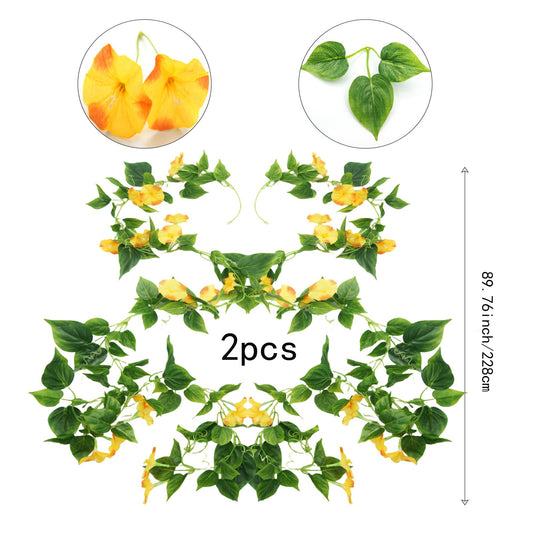 FERIAL Artificial Vines 15Feet Silk Flower Garland for Outdoors Yellow Morning Glory Vine Artificial Flowers Hanging Plants Garland Fake Green Plant 2Pcs for Wall Fence Indoor Wedding Banquet Decor