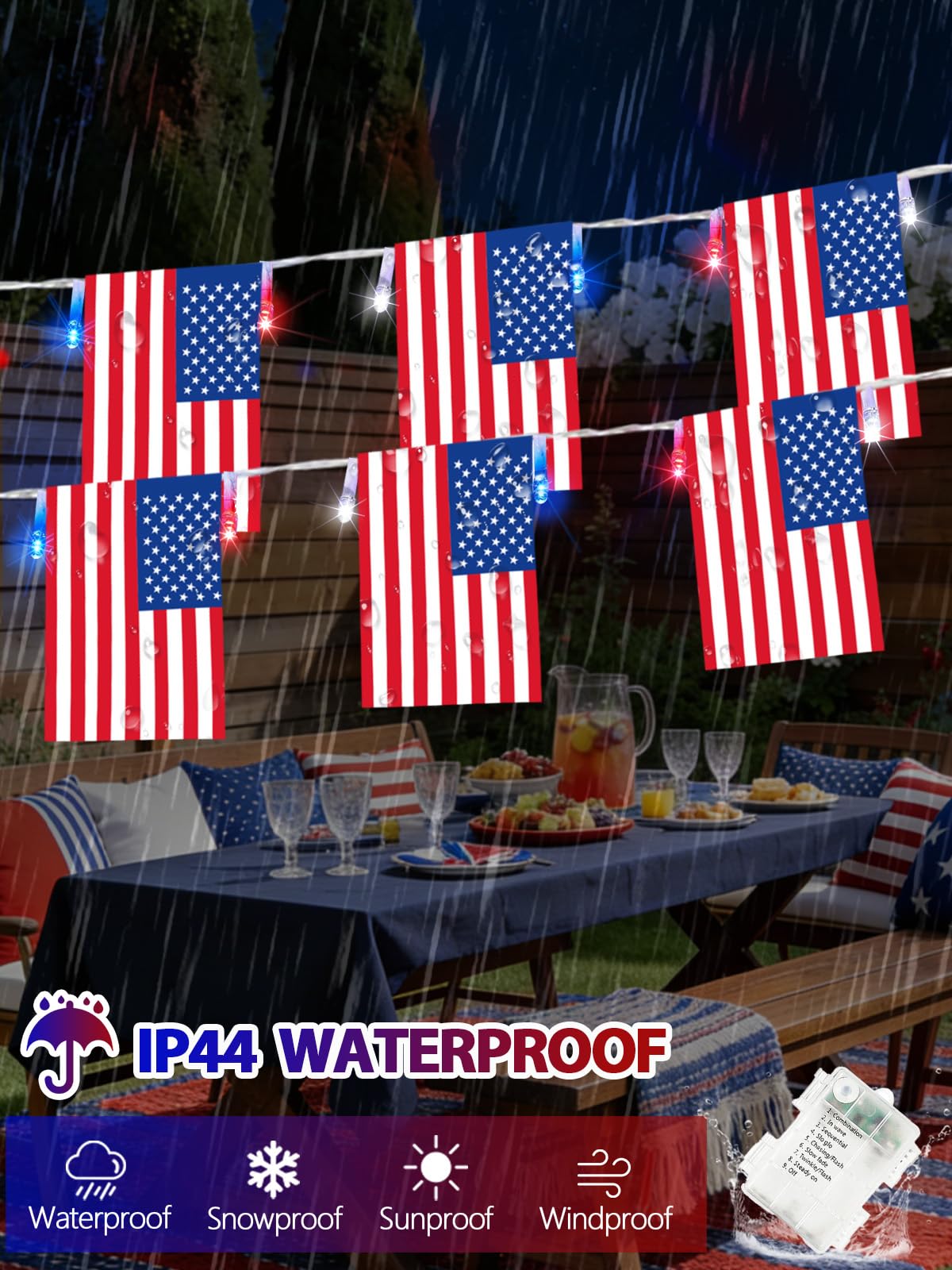 4th of July Lights 24FT Red White Blue Flag LED String Lights with Remote