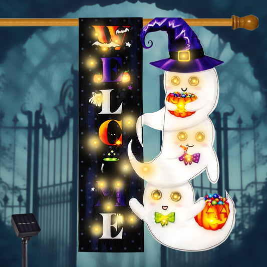 FLAGMESAGE Halloween Lighted Garden Flag, Ghost Yard Decor, 28x40 In