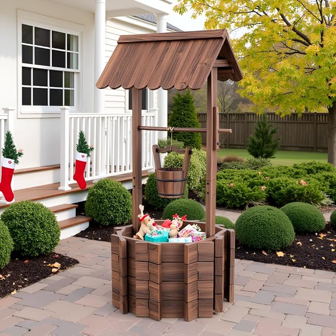 Wishing Wells for Outside,Wooden Wishing Well Planter,Rustic Flower Planter for Garden Patio Lawn Backyard Home Decor-21.7X21.7X47.25IN