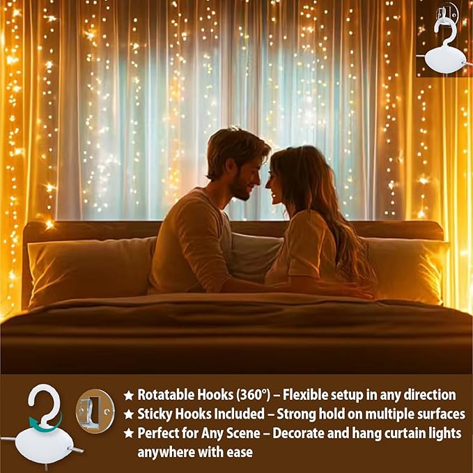 Warm White Curtain Light for Bedroom, 300 LED 9.8ft x 9.8ft Window Fairy Curtain String Light with 16 Hooks, 8 Models Remote Control for Wedding Party Home Garden Indoor Decorations