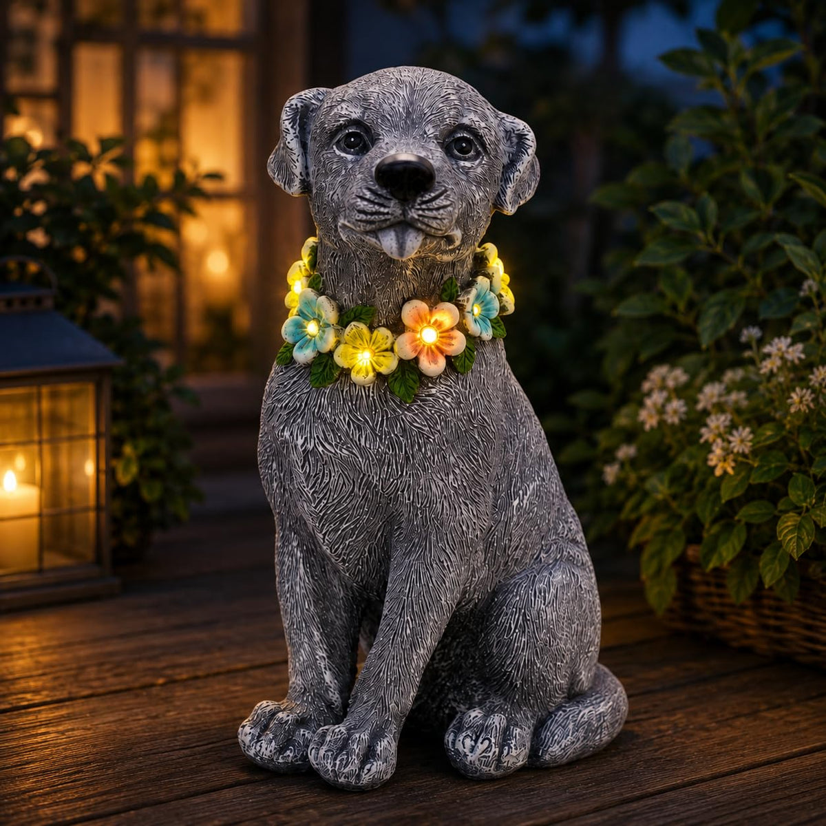 Nacome Dog Statue with Solar Flower Warm Lights Garden Decor