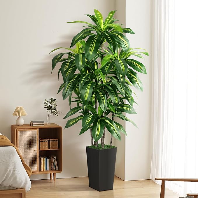 Artificial Dracaena Tree Indoor, 5FT Tall Fake Tree with Black Tall Planter, Artificial Trees Fake Yucca Potted Tree for Home Office Living Room Decor, Tall Artificial Plant for Housewarming