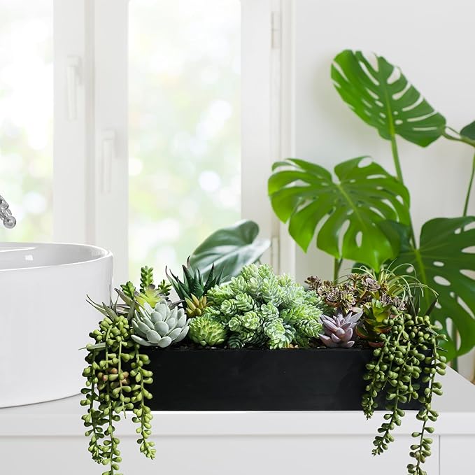 Winlyn 15" Artificial Succulent Arrangement Faux Succulents in Rustic Black Rectangular Wooden Planter Faux Potted Plants for Party Table Centerpiece Mantel Shelf Windowsill Tabletop Greenery Decor