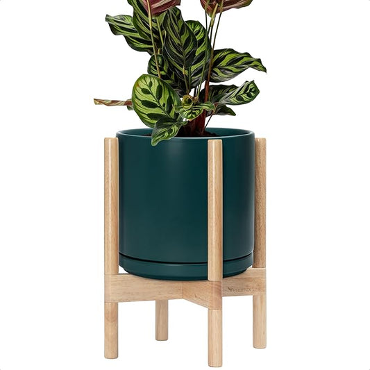 D'vine Dev Ceramic Planter with Natural Stand - 10 Inch Modern Round Flower Pot with Wood Planter Holder, Teal, 55-B-K-4