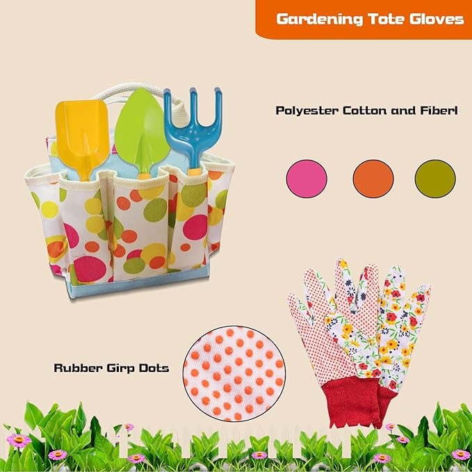 GIFTRRTOY Kids Gardening Set, Kids Gardening Tools with Watering Can, Shovel, Rake, Gloves, Waterproof Apron and Storage Bag, Children Garden Tool for Boys Girls Age 3 4 5 6 7 8