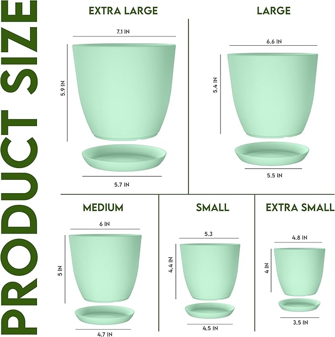Utopia Home - Plant Pots Indoor with Drainage - 7/6.6/6/5.3/4.8 Inches Home Decor Flower Pots - Plastic Planters for Indoor Plants, Cactus, Succulents Pot (Mint, Pack of 10)