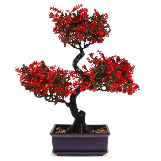 NUOBESTY Artificial Bonsai Tree, Red Fake Plant in Pot, 14" Faux Bonsai Potted Plant Ornament, Japanese Zen Decor for Indoor Home Office Desk, Small Tabletop Realistic Greenery
