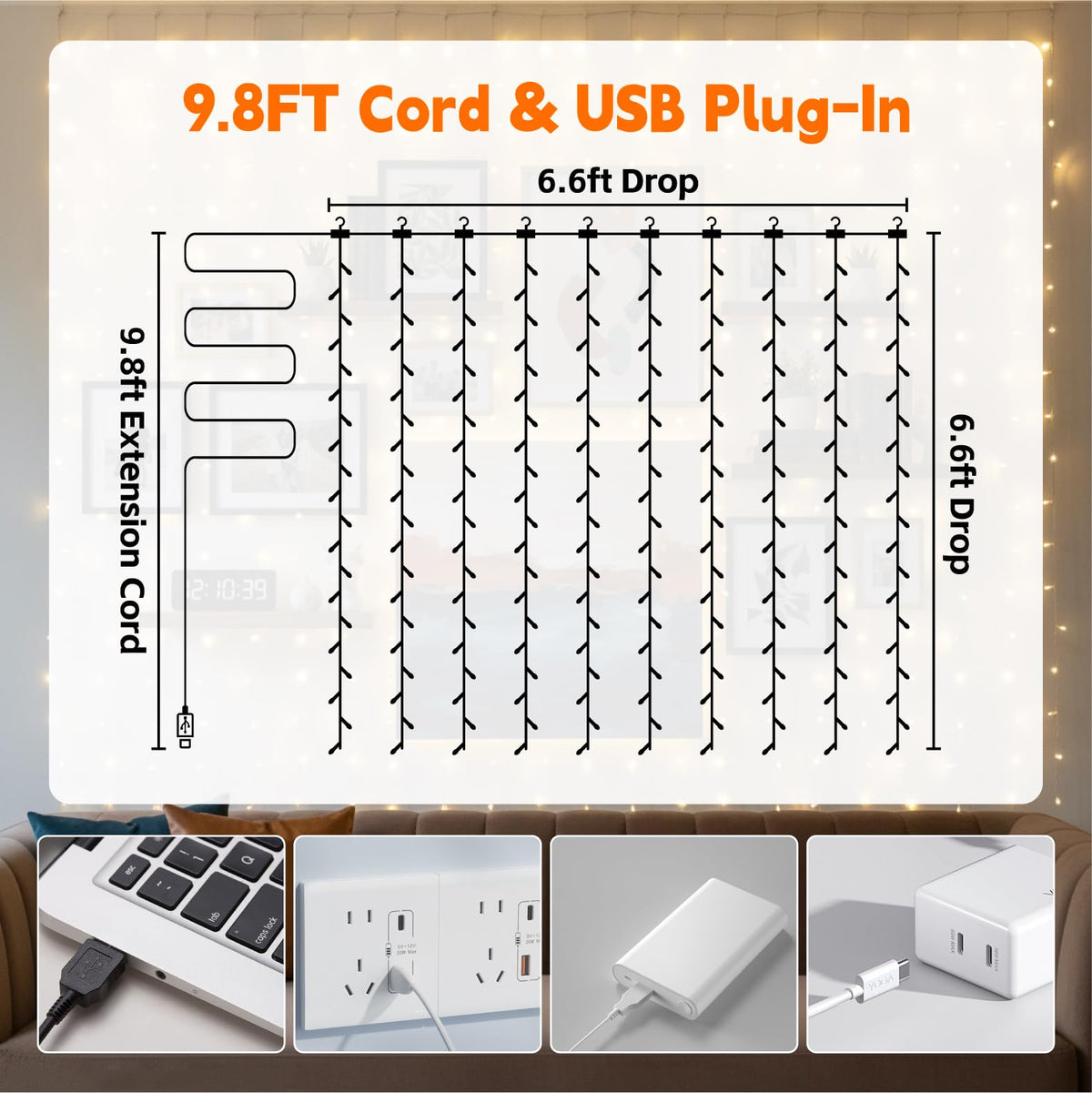 SINAMER Curtain String Light, 200LED 6.6x6.6ft, Remote & 8 Modes, USB