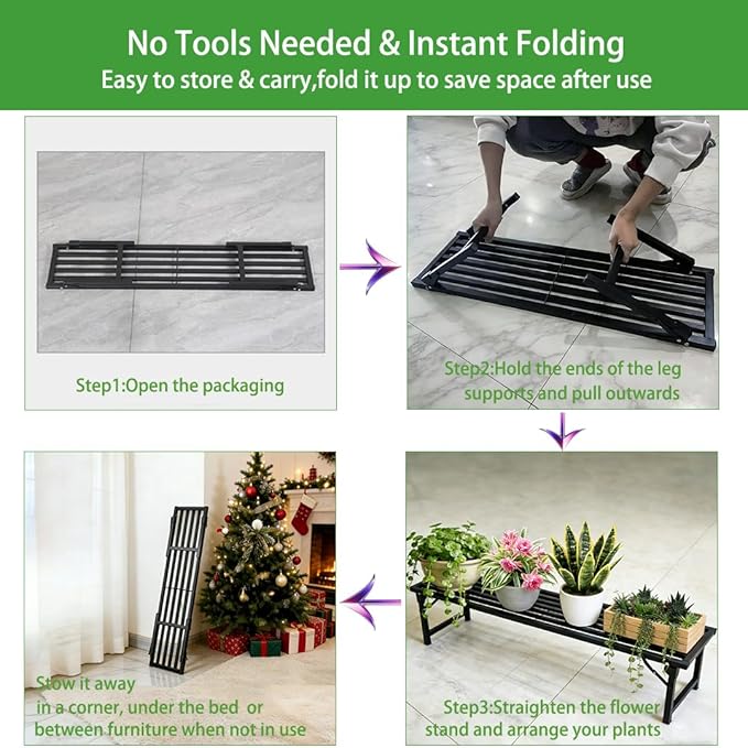 Single Tier Metal Plant Stand, Long Narrow Foldable Plant Stand for Indoor Outdoor, Heavy Duty Waterproof Plant Holder for Living Room Balcony Garden Window Patio，Plant Lovers, Display Stand (L33”xH11.7"xW9.7")