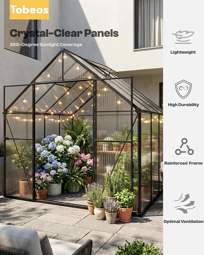 6×12 FT Walk-in Greenhouse Polycarbonate Greenhouse for Outdoors, Heavy Duty Backyard Garden Greenhouse with Aluminum Frame, Clear Panels, Adjustable Roof Vent, Rain Gutter System, Patio