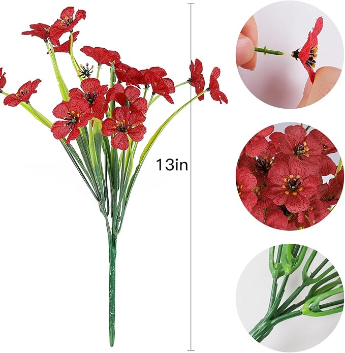 AmyHomie 20 Bundles Artificial Flowers for Outdoor UV Resistant Faux Flowers No Fade Fake Plastic Plants Garden Porch Window Box Decorating(Red)