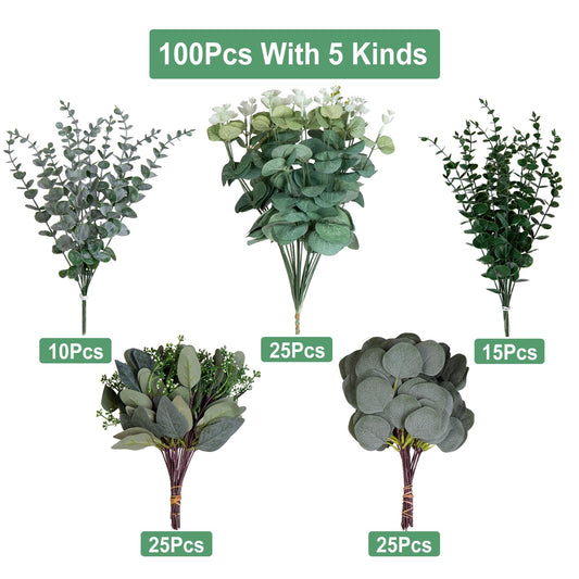 Cliselda 100 Pcs Mixed Artificial Eucalyptus Leaves Stems Bulk
