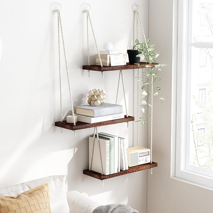 Fixwal Hanging Shelves for Wall, 3 Tier Boho Wall Decor Hanging Plant Shelf Floating Shelves Rope Rustic Wood Organizer Storage Hanger Rack for Aesthetic Home Bedroom Kitchen Bathroom - Dark Brown