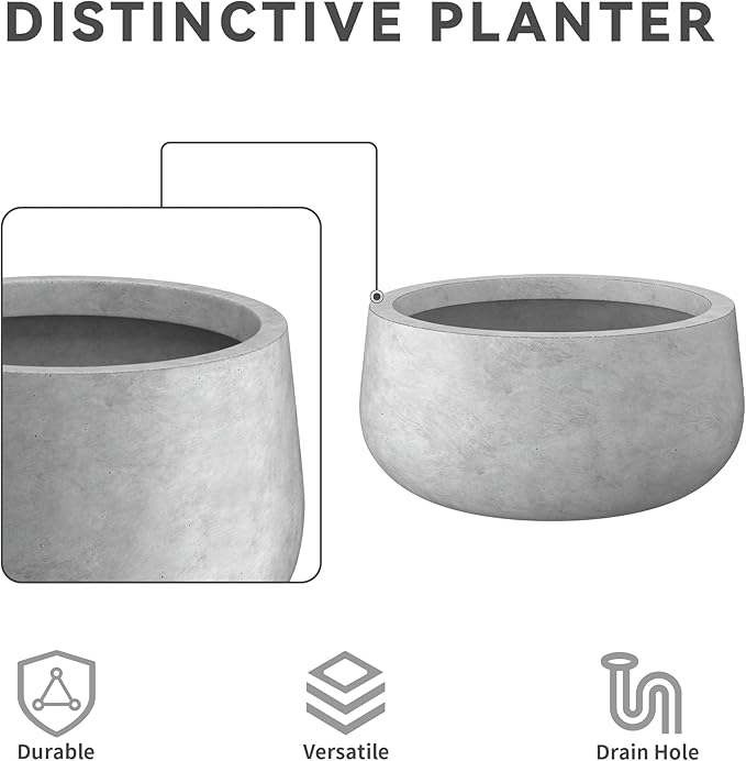 Kante 15.7" Dia Round Concrete Planter, Outdoor Indoor Garden Plant Pots with Drainage Hole and Rubber Plug, Modern Curvaceous Design, Natural Concrete