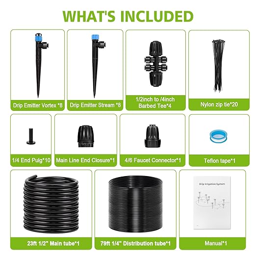 102FT Drip Irrigation System Kit, New Quick-Connect, Automatic Garden Watering Misting System for Greenhouse, Yard, Lawn, Plant with 1/2 inch Hose 1/4 inch Distribution Tubing and Accessories