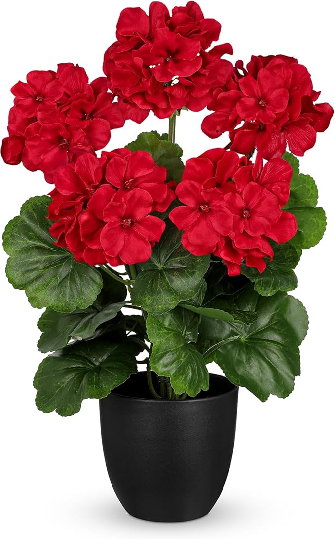 Briful 16” Geraniums Artificial Flowers Realistic Potted Plant – Red Fake Geraniums for Outdoors, Artificial Outdoor Plants for Indoor Home Decor, Farmhouse Table Centerpiece Decoration