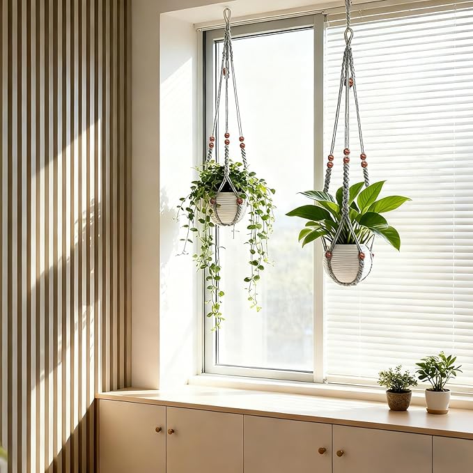 HOREAKHJ 35 Inch Macrame Plant Hanger, Large for up to 15 Inch Pot Extra Long Hanging Planter Holder Basket with Wood Beads for Indoor Outdoor Home Decor (Grey, 2-Pack)