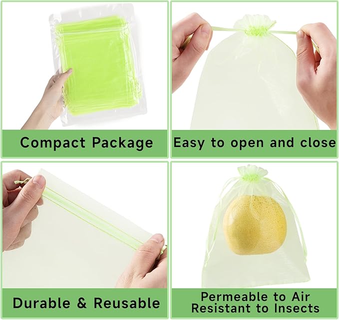 50PCS Fruit Protection Bags with Drawstring, 8x12 Inch Green Organza Produce Bags for Fruit Trees, Mesh Netting for Garden Protection