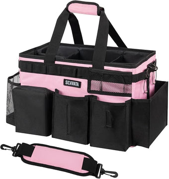 Wearable Cleaning Caddy Bag, Cleaning Caddy Supplies Organizer with Handle & Shoulder Straps for Housekeepers, Under Sink & Car Cleaning Tool Organizers with 4 Foldable Divider (SweetPink)