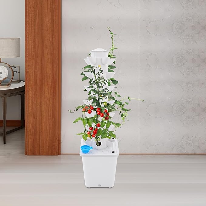 7-Tier Hydroponic Growing Tower, 35-Plant Indoor Gardening System w/Automatic Water Circulation, Vertical Aeroponic Tower Garden for Herbs, Vegetables, Fruits (White, 35-Plants)