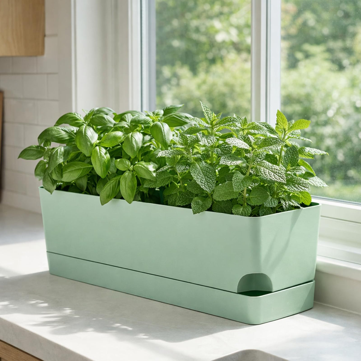 Party Zealot Window Boxes Planters, 5 Pack Self Watering Pots for Indoor Plants 17 Inch Rectangular Planter Rectangle Flower Pots Long Plant Pot Large Window Sill Herb Planter Box, Green