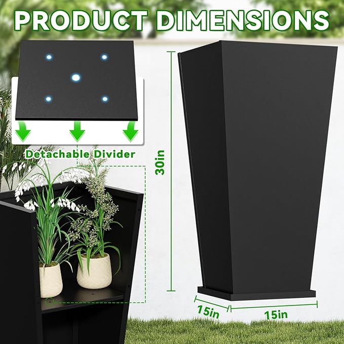 NUWJBYE Tall Metal Planter Box, 15" L x 15" W x 30" H 2-Pack Outdoor Planters with Removable Tray, Heavy Duty Steel Front Porch Planters for Patio, Balcony, Indoor(Black)