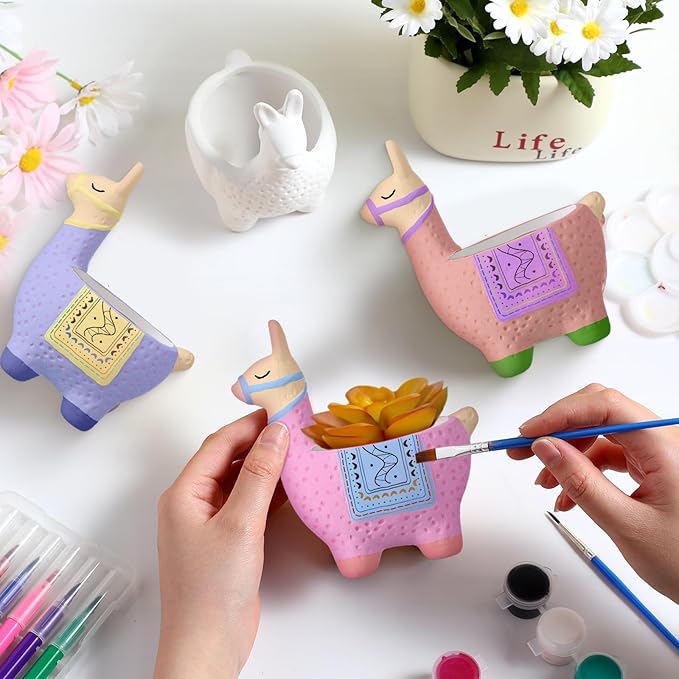 Pasimy 6 Set Ceramics to Paint DIY Ceramic Succulent Planter Pots Paint Your Own Flower Pots Craft Kit Unpainted Bisque Flowerpot with Brush Palette for Family Activity Holiday Gifts(Alpaca)