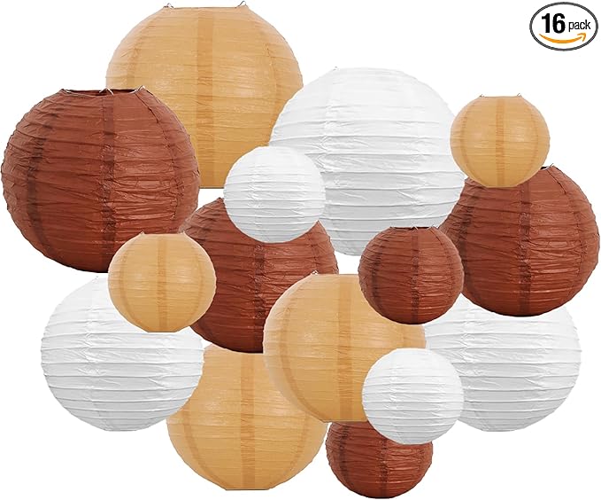 BEISHIDA 16 Pcs Brown Mix Paper Lanterns,Hanging Decorative Chinese Japanese Round Paper Lantern Lamp for Bachelorette Party Father's Day Retirement PartyDecoration