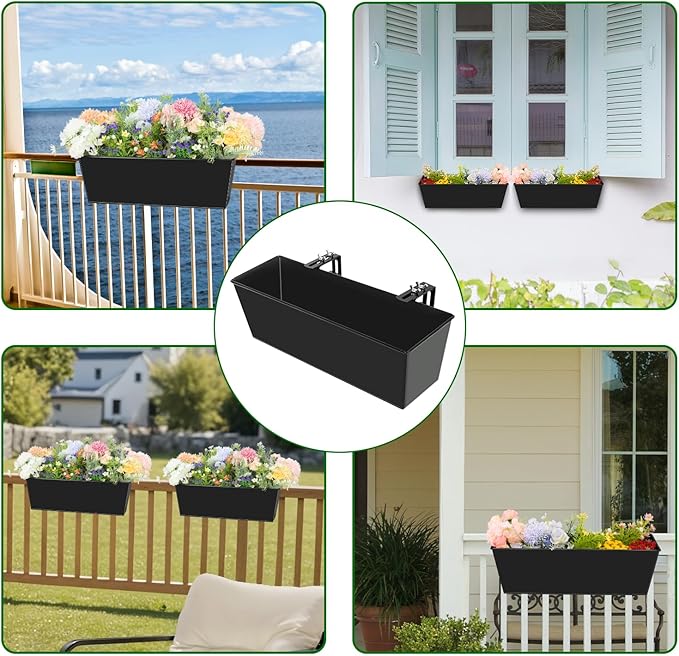 Railing Planter for Outdoor Plants 16 Inch Metal Rectangular Window Boxes with Adjustable Brackets and Drainage Hanging Flower Pots for Balcony Deck Railings Apartment Patio Decor Black(4PCS)