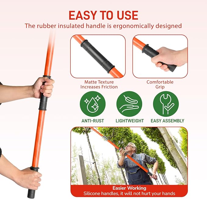 Outvita Manual Pole Saw, 26 Feet Extendable Tree Pruner with Knives and Storage Pocket, Sharp Steel Blade and Scissors High Branches Trimming for Pruning Palms and Shrubs（Orange）