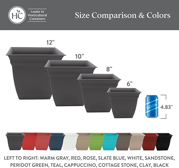 The HC Companies 6 Inch Eclipse Square Planter Pots with Drainage Holes & Attached Saucer, Lightweight UV-Resistant Plastic Indoor Outdoor Planters, 4-Pack Flower Pots for Garden Home Decor, Warm Gray