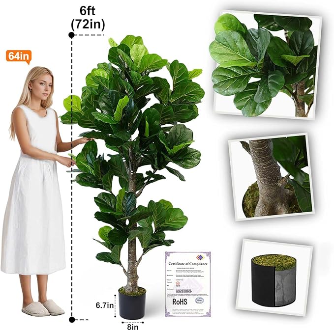 Aveyas 6ft Artificial Fiddle Leaf Fig Tree for Home Decor, 6 Feet Large Faux Plant Fake Ficus lyrata Silk Trees with Pot for Indoor Outdoor House Living Room Office (6 ft Tall)
