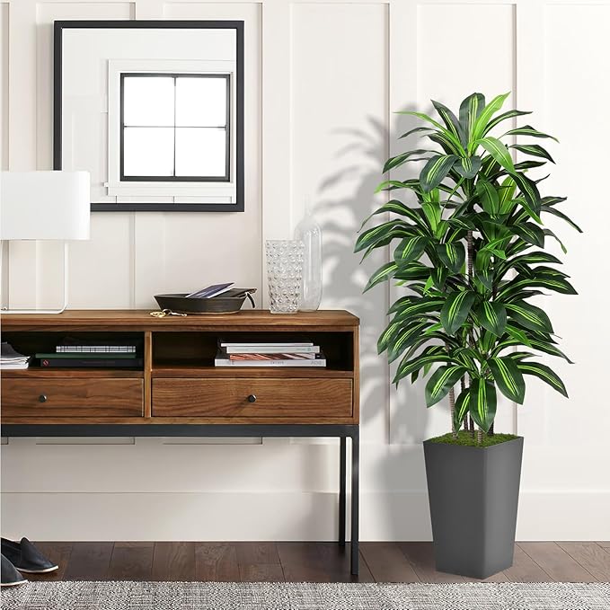 Artificial Dracaena Plant Indoor 5FT - Fake Tree with Gray Tall Planter - Faux Yucca Tree Tall Fake Floor Plant in Pot - Artificial Trees for Home Office Indoor